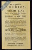 Inman Line - Emigration To America. Liverpool To New York Circa 1881-83 Advertising Card featuring