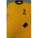 1970s Wolverhampton Wanderers Football Home Shirt with long sleeves, black collar and cuffs, ‘WW’