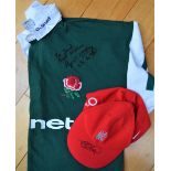 1998 & 2004 England Signed Rugby Training Jersey & Cap: Roger Uttley, England and Lions player,