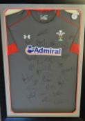 Wales 2014 Rugby Signed Official Training top, grey with full logos: Mounted, framed and glazed