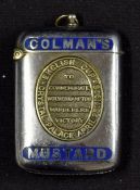 1908 Colman’s Mustard commemorative ornate vesta case metallic silver with raised lettering to