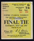 1953 FA Cup Final match ticket Blackpool v Bolton Wanderers Fair-good.