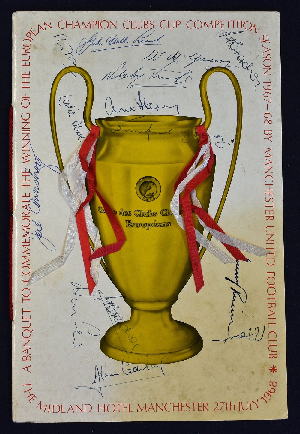 1968 European Cup Winners official Manchester United banquet menu at the Midland Hotel,