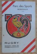 1933-4 Scarce French Rugby Programme: 20 pp with coloured cover in bold French style, this