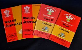 Wales v Australia Rugby Programmes (4): issues at Cardiff from 1966 (Worn, B John & Gerald Davies