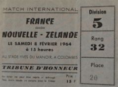 Scarce 1964 France v New Zealand All Blacks Rugby Ticket: Some creasing to this otherwise sound 5” x