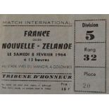 Scarce 1964 France v New Zealand All Blacks Rugby Ticket: Some creasing to this otherwise sound 5” x