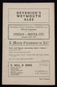 1945/1946 War League Swindon Town v Bristol City football programme Xmas Day 1945, 4 pager. Fair-