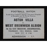 1924/1925 West Bromwich Albion v Aston Villa match ticket for hospital charity match at Shrewsbury