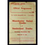 1956/1957 FA Youth Cup football programme Manchester Utd v Sunderland at Old Trafford, 15 December