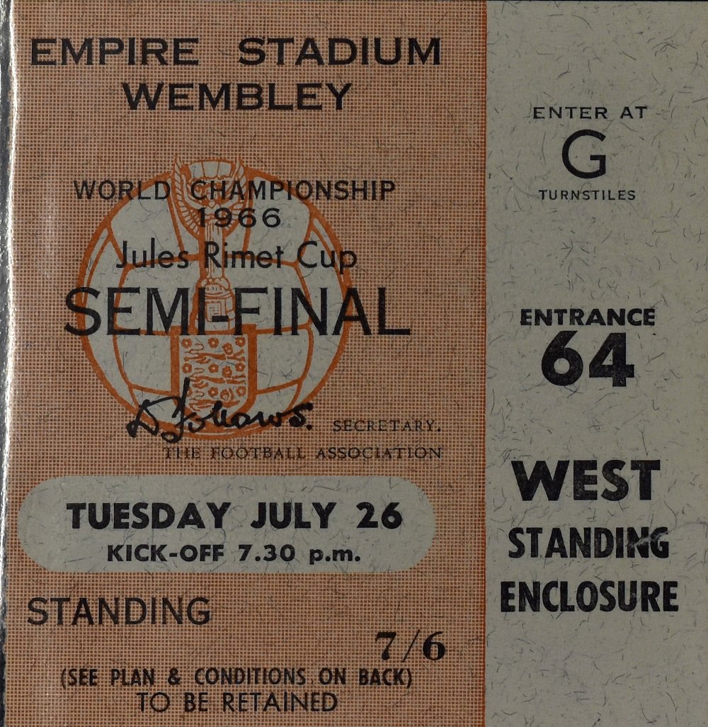 1966 World Cup semi-final match ticket England v Portugal at Wembley 26 July 1966. Worth a view.
