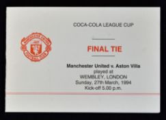 1994 Manchester United itinerary for Aston Villa Coca Cola League Cup Final 27 March 1994