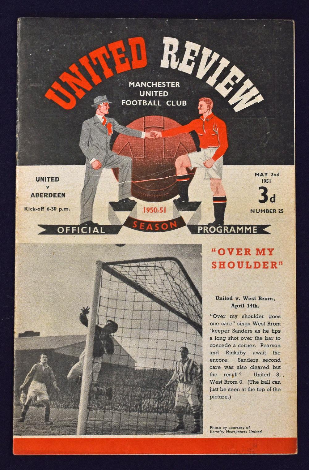 1950/1951 Manchester United v Aberdeen friendly football programme 2 May 1951 kick-off 6.30pm.