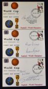 1966 World Cup Signed first Day Covers signed individually by Bobby Charlton, Geoff Hurst and Martin