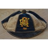 1916 Auckland (NZ) Rugby Union Honours Cap: Classic Navy and Cream 6-panel peaked cap with gilt