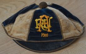 1916 Auckland (NZ) Rugby Union Honours Cap: Classic Navy and Cream 6-panel peaked cap with gilt