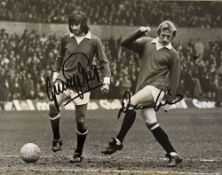 George Best and Dennis Law Signed Football Print in black and white with signatures in ink to the