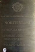 Manchester United stainless steel engraved plaque commissioned for the Opening of the North Stand in