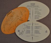 1969 & 1971 Signed Wales v Ireland Rugby Dinner menus (2): The attractively distinctive rugby ball-
