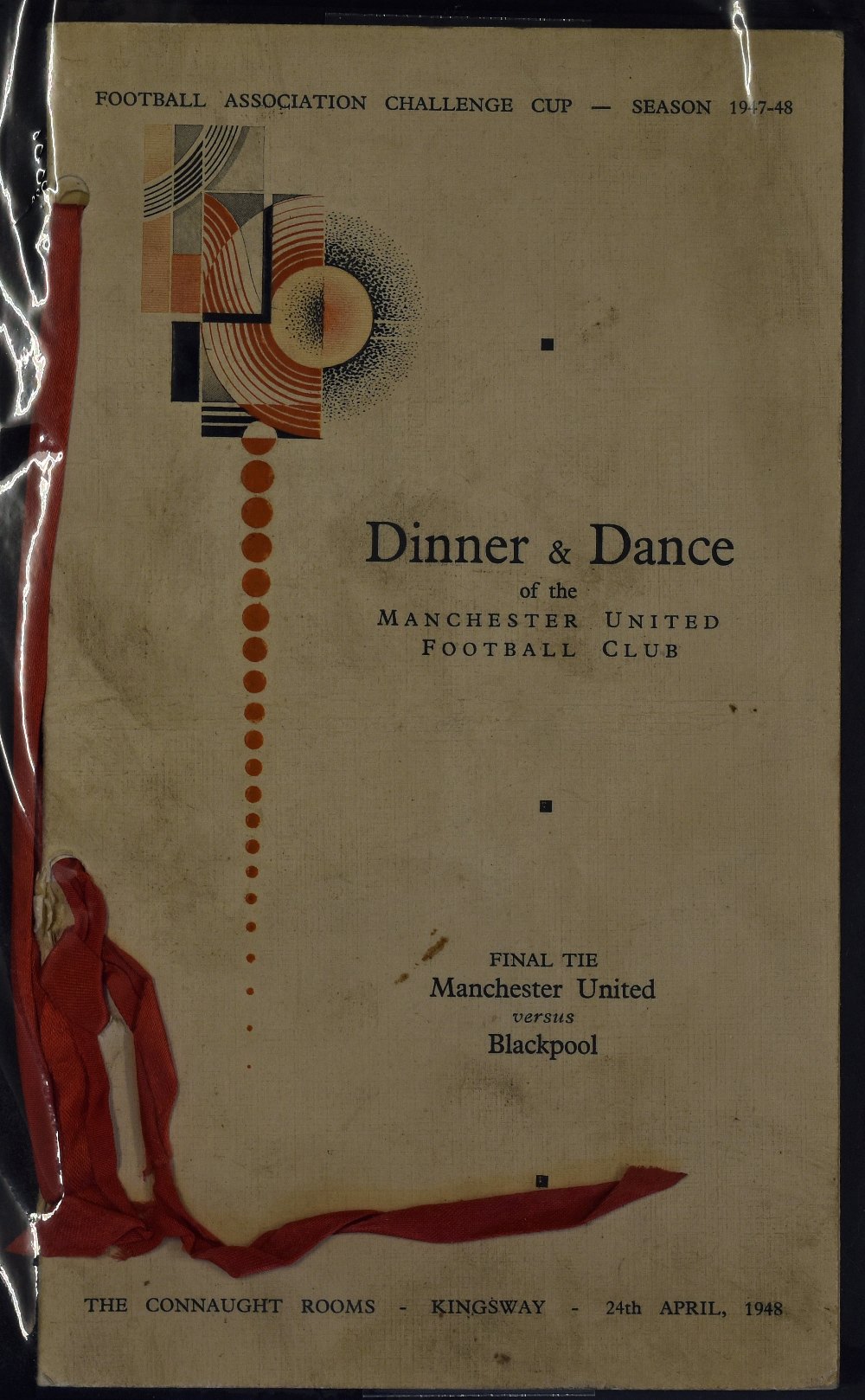 1948 FA Cup Final Dinner & dance menu for Manchester Utd held at the Connaught Rooms, Kingsway,