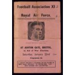 1944 FA XI v RAF Football Programme date 22 Jan at Ashton Gate Bristol, in aid of War Charities,