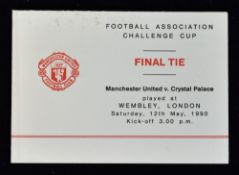 1990 Manchester United itinerary for Crystal Palace FA Cup Final 12 May 1990 official party.