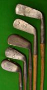 5x various golf clubs – A Forgan Glasgow mashie; The Tay mashie; J Moore driving iron; Joe