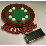 Wooden Billiards Clock circular with red and white balls to centre, ‘Billiards’ to bottom in red,