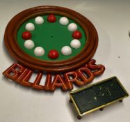 Wooden Billiards Clock circular with red and white balls to centre, ‘Billiards’ to bottom in red,