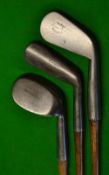 3x Park Musselburgh smf irons – round back driving cleek, mashie with the makers oval stamp mark and