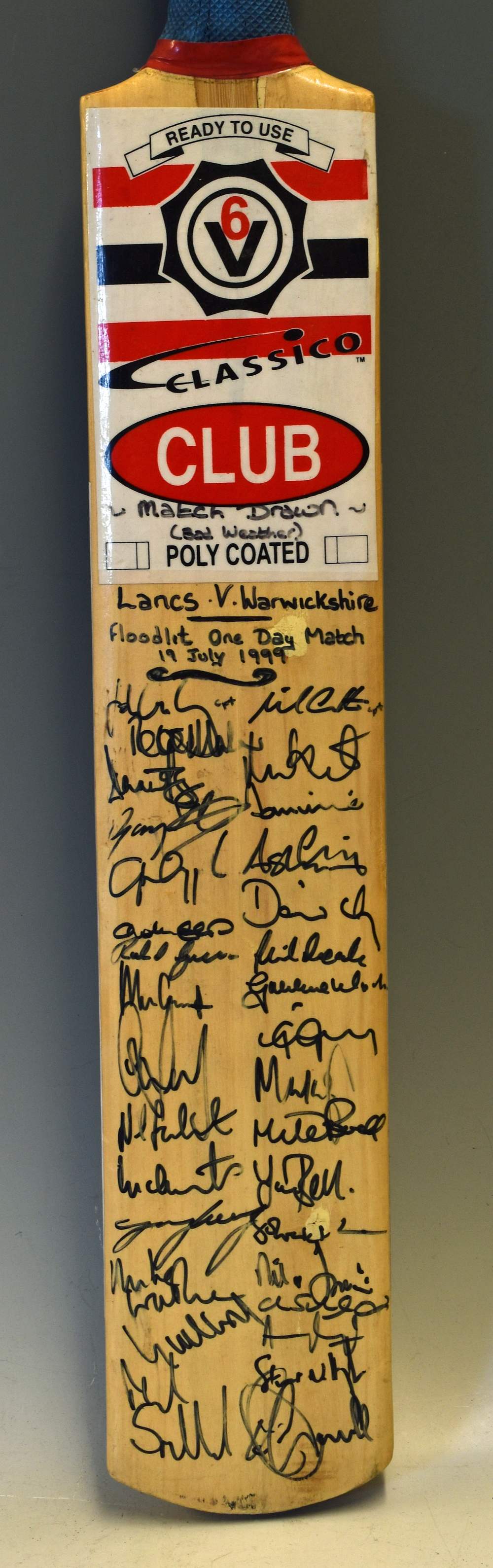 1999 Lancashire v Warwickshire Signed Cricket Bat a classico V6 club with signatures including