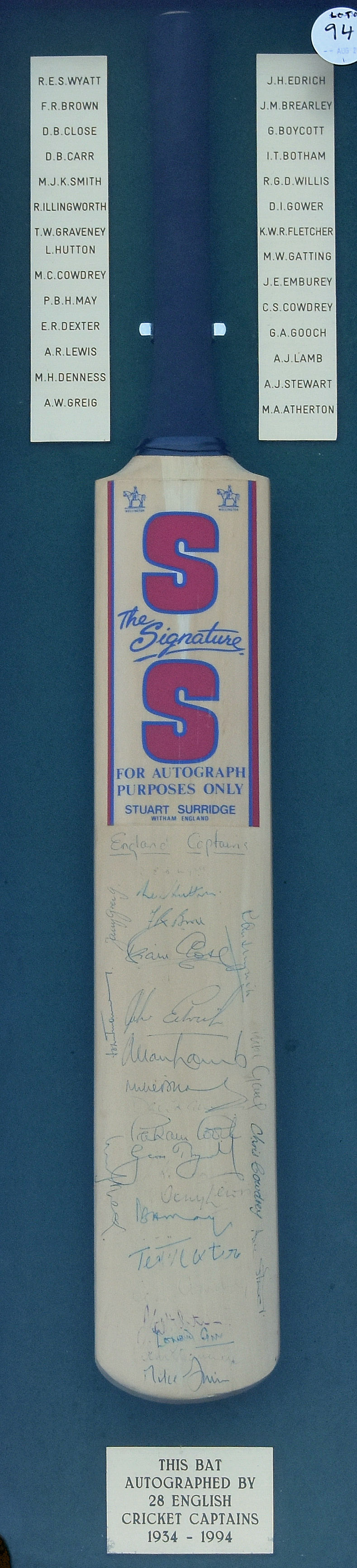 England Captains 1954-1994 Signed Cricket Bat includes 28 signatures to include Wyatt, Brown, Close,