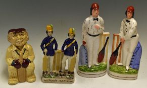 Cricket China Figures Pair of reproduction flatback cricketers, H J Wood cricket Toby jug,