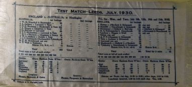 1930 Printed on Silk England v Australia Score Card : Test Match – Leeds July 1930 Australia won