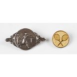 Silver Plated Tennis Brooch depicting two females playing tennis, and a gilt circular tennis