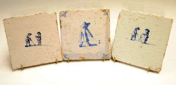 3x early Dutch Delft Golfing Scene Tiles - in blue and white with small large single Kolfing