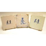 3x early Dutch Delft Golfing Scene Tiles - in blue and white with small large single Kolfing