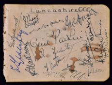 c.1930s Lancashire Cricket Autographs to include Cecil Parkin, Ernest Tyldesley, Peter Eckersley,