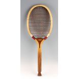 Diamond fish tail Tennis racket with convex throat, double centre mains and original two tone, red /