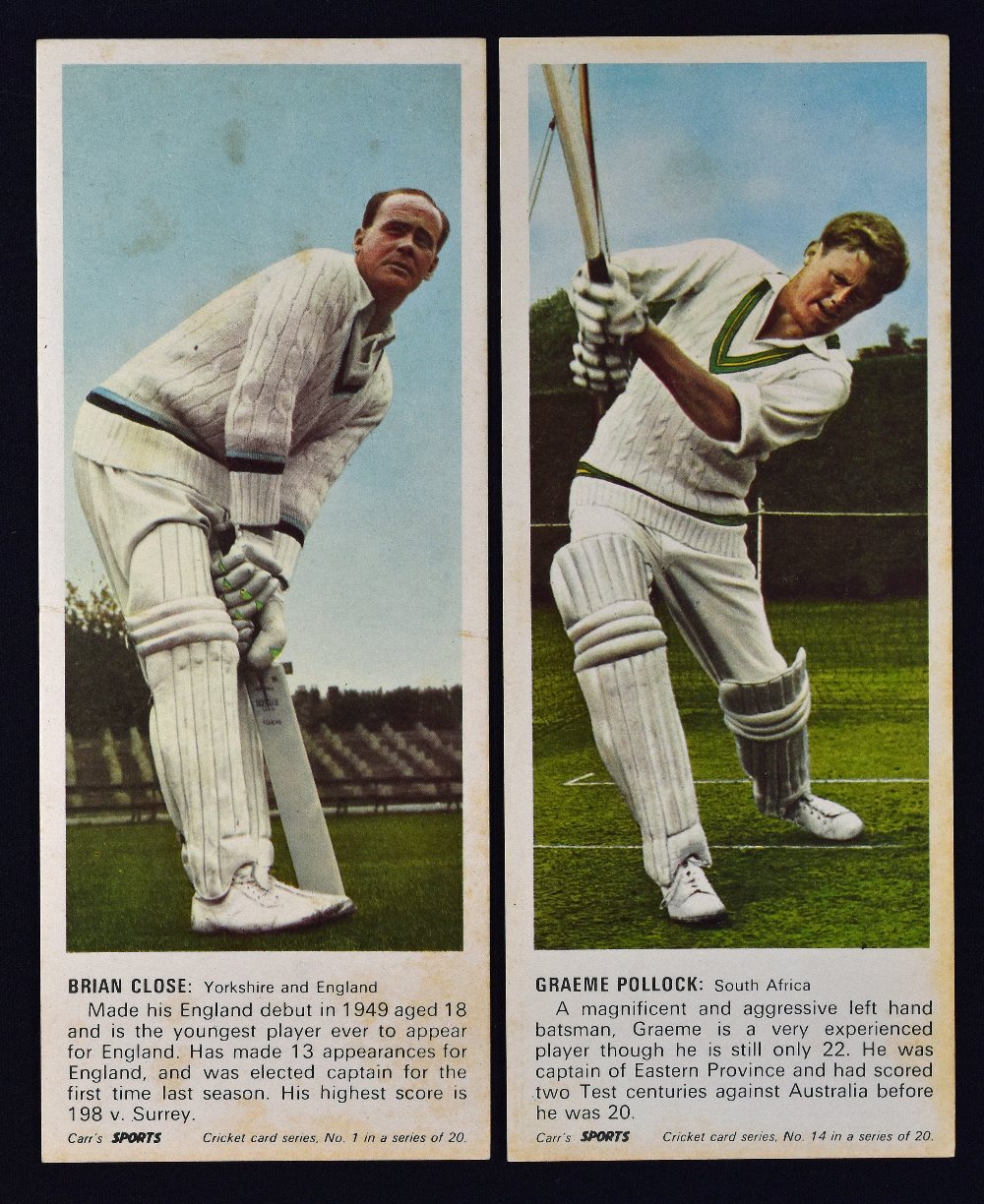 Carr’s Sorts Cricket Card Series Cigarette Cards a complete set of 20 cards in colour depicting