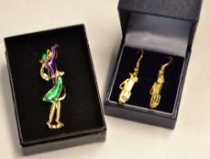 PG & A Ladies Golf Earrings and brooch: Set of Gold plated featuring golf bags together with
