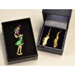 PG & A Ladies Golf Earrings and brooch: Set of Gold plated featuring golf bags together with