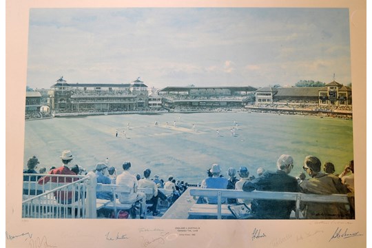 England v Australia Centenary Test, Lords’ Signed Print by Arthur Weaver, 1980 signed by artist