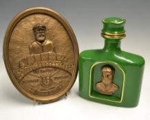 Tom Morris commemorative ceramic whisky decanter and plaque (2) - green decanter with gilt Old Tom