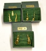 PG & A Ladies Golf Earrings: 3 Sets Gold plated featuring golf bags, club and ball, one with a pin