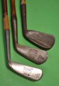 3x interesting Tom Stewart Irons to incl Flanged sole mashie stamped D Adams Glasgow to the head and