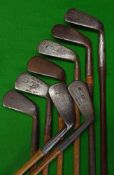 8x assorted irons: John Letters round back mashie, Thistle Brand Mashie, W Gibson, Tom Brace mashie,