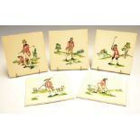 5x Pilkington Golfing Ceramic Wall tiles - each decorated with early golfing scenes – overall 6x6”