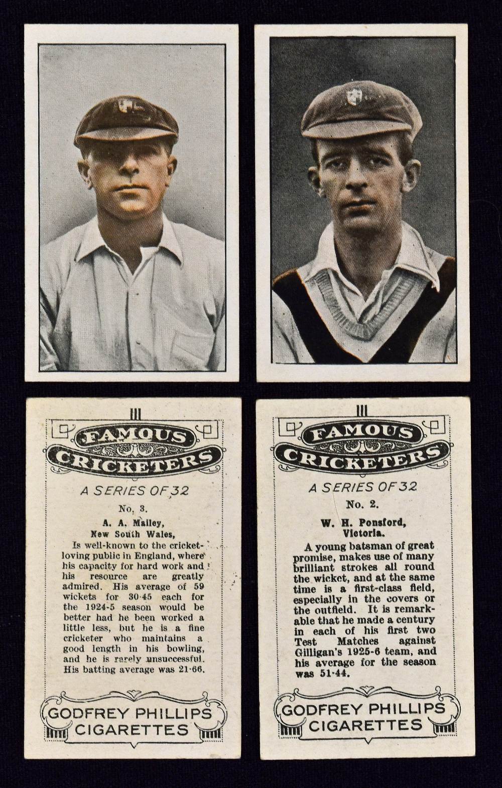 c.1926 Famous Cricketers Godfrey Phillips Cigarette Cards a complete set of 32 cards in colour, with