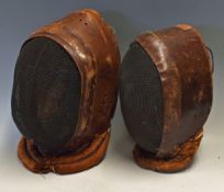 2x Early 20th Century Leather Fencing Head Guards with padded seal to bottom front, with a brown
